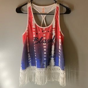 Patriotic “Blessed” tie-dye tank fringe detail